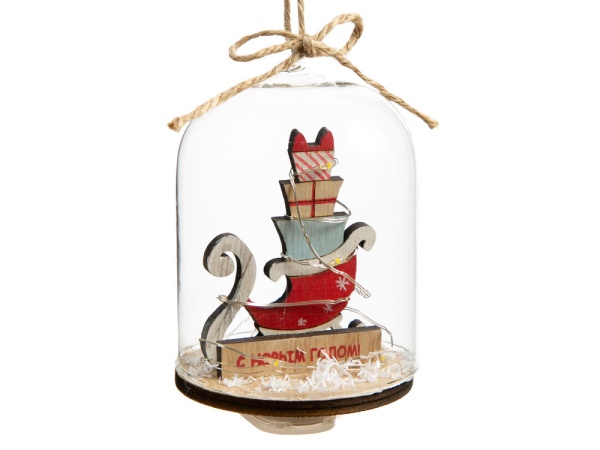 Новогоднее украшение Сани в колбе из древесины тополя и стекла, со светодиодной подсветкой, в комплекте с 2-мя батарейками CR2032, мощностью 0,06 Вт, напряжением 3В / 11x7см Новогоднее украшение Сани в колбе из древесины тополя и стекла, со светодиодной подсветкой, в комплекте с 2-мя батарейками CR2032, мощностью 0,06 Вт, напряжением 3В / 11x7см