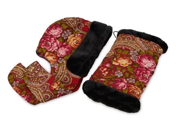 Подарочный набор: Павлопосадский капор, муфта, красный/разноцветный Подарочный набор: Павлопосадский капор, муфта, красный/разноцветный